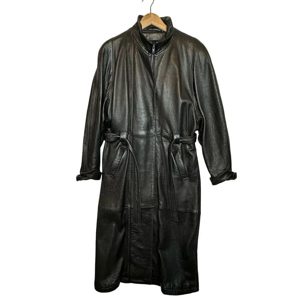 LEATHER LIMITED Vintage Full Length Black Trench Coat With Liner Size Large